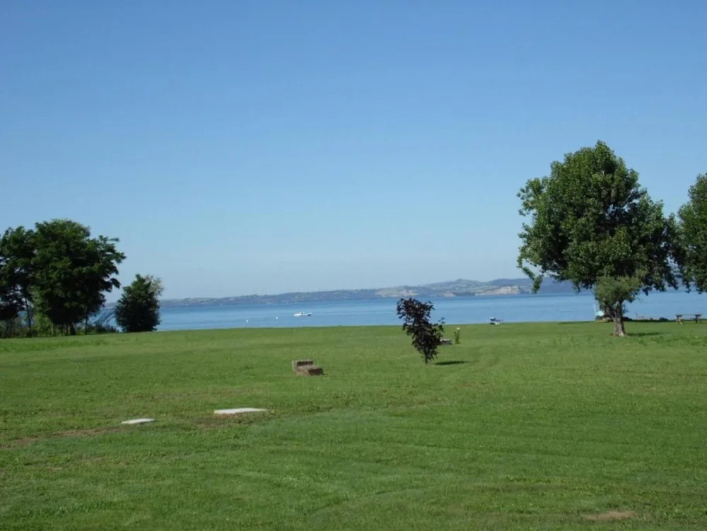 Il prato e gli ulivi dell’agriturismo affacciati sul lago